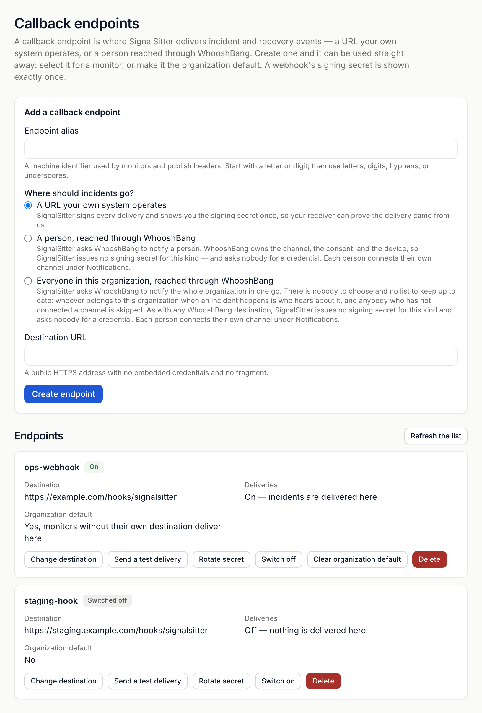 The Callback endpoints page: its introduction, the Add a callback endpoint form with three destination choices, and the Endpoints list, where ops-webhook is on and is the organization default and staging-hook is switched off