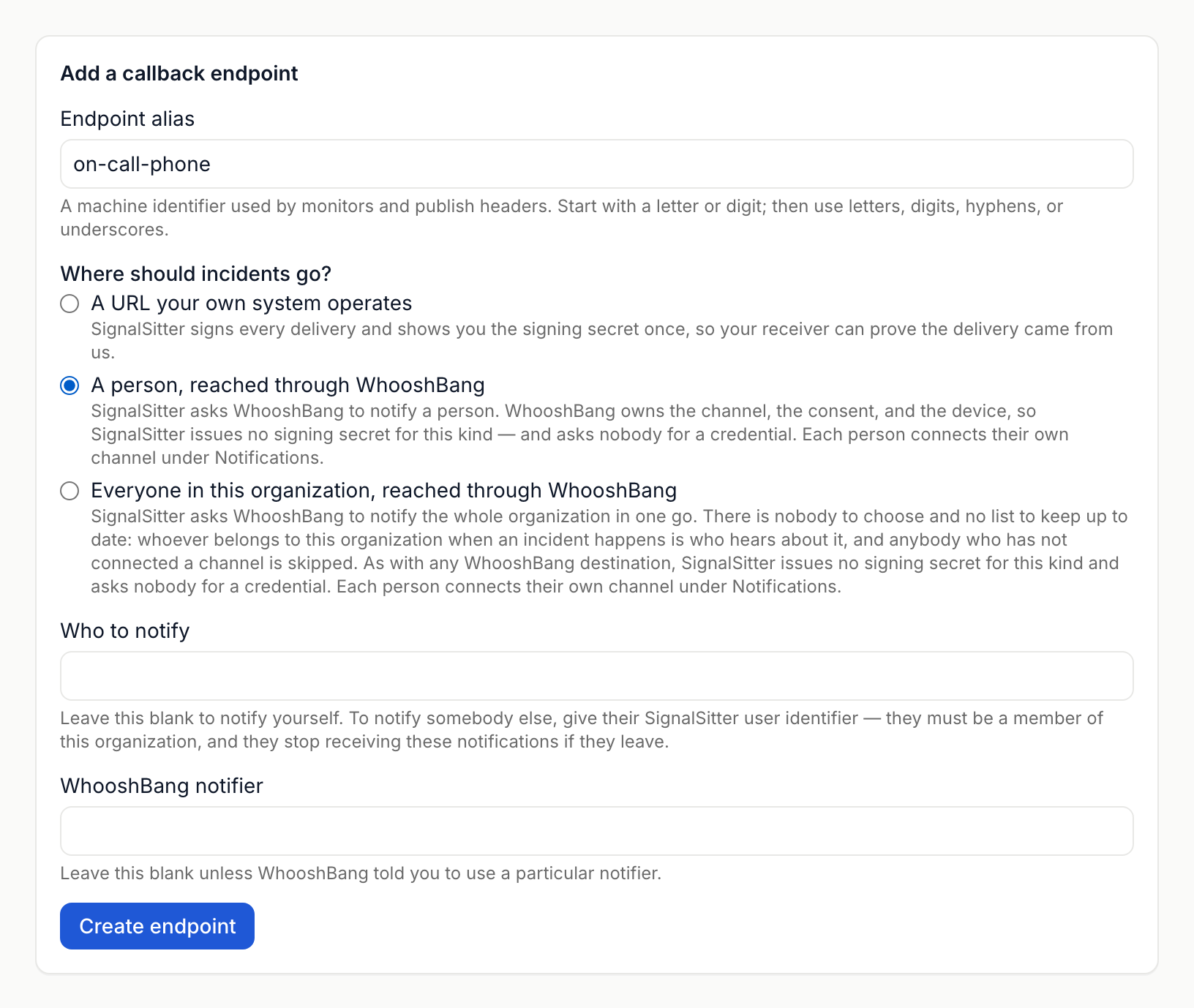The Add a callback endpoint form with A person, reached through WhooshBang selected, showing the Who to notify and WhooshBang notifier fields and the Create endpoint button