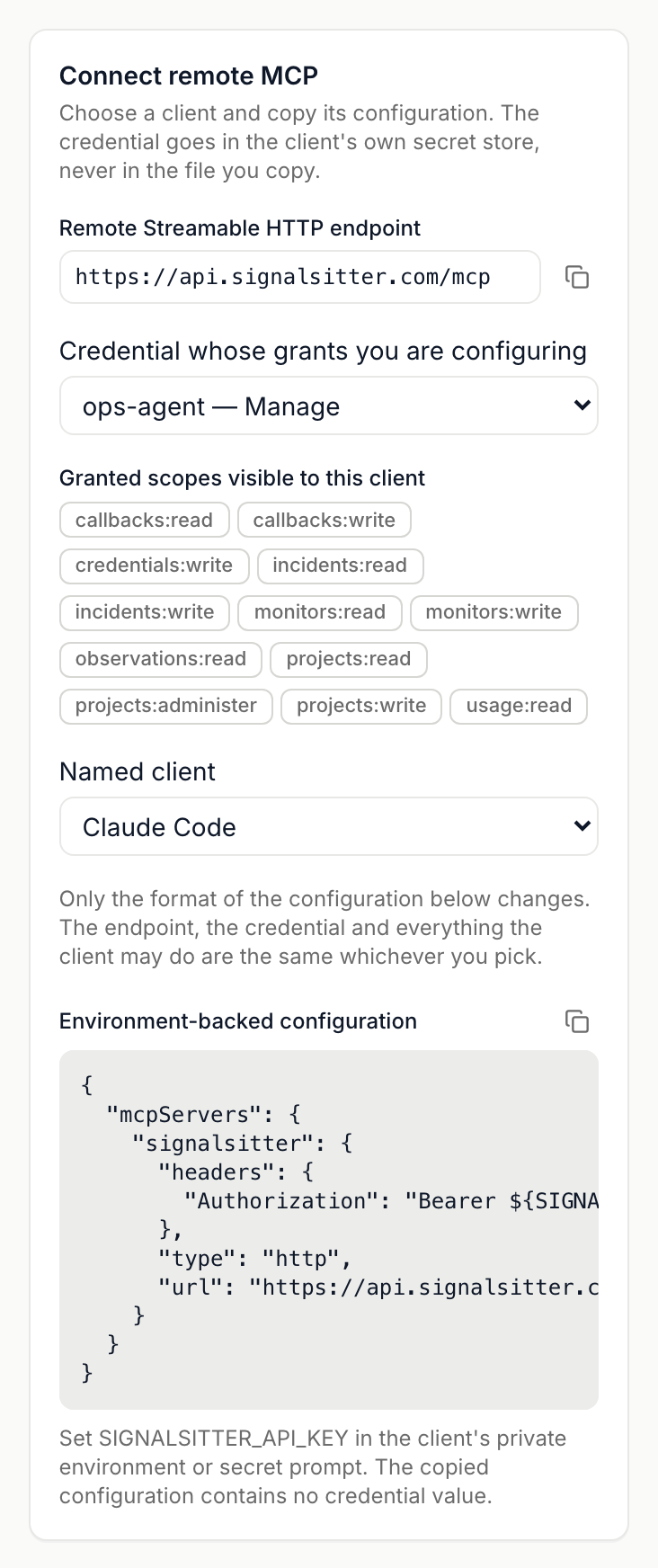 The Connect remote MCP card with the remote MCP endpoint, the ops-agent Manage credential selected with its granted scopes, Claude Code chosen as the named client, and its environment-backed configuration