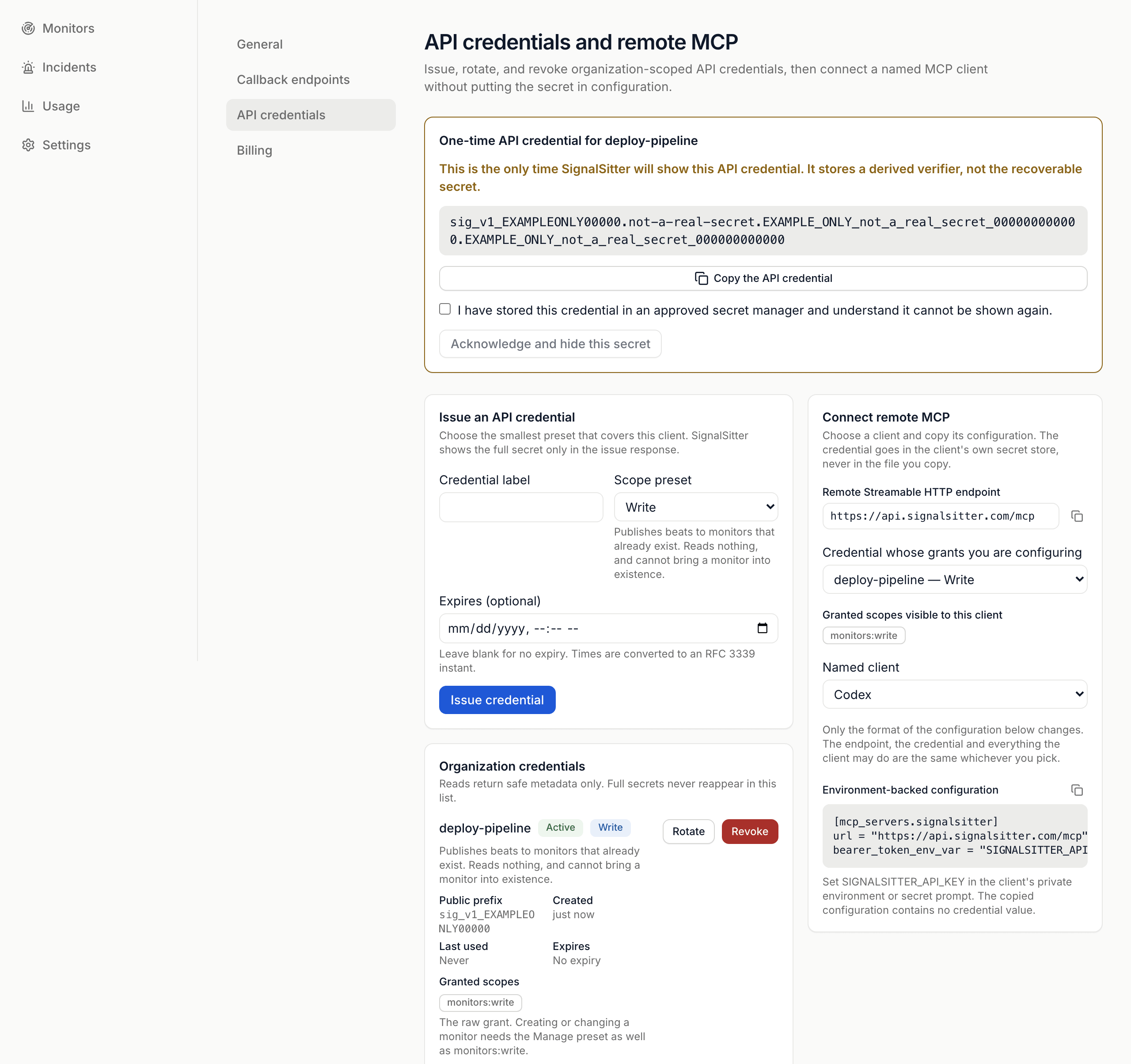 The one-time API credential panel for a new deploy-pipeline credential showing an example secret, a Copy the API credential button, the acknowledgement checkbox and Acknowledge and hide this secret, above the Issue an API credential and Connect remote MCP cards
