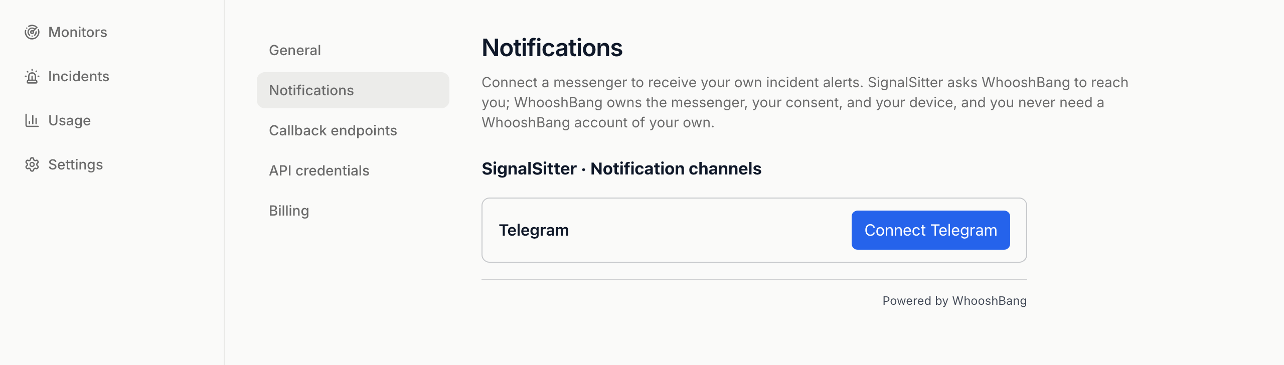 The Notifications settings page with its introduction and a Notification channels panel offering Connect Telegram, powered by WhooshBang