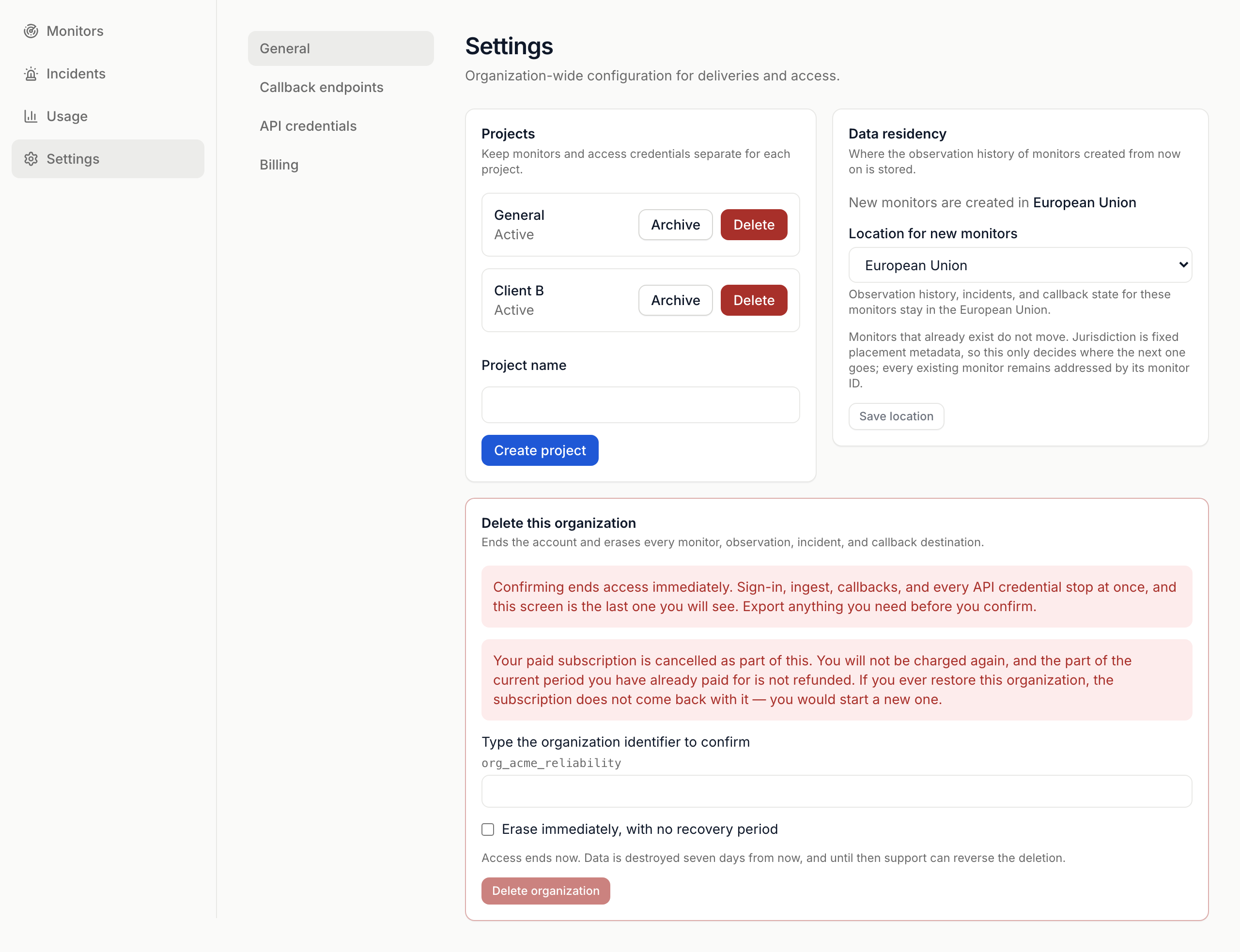 The General settings page with the Projects card listing General and Client B, Data residency with European Union chosen as the location for new monitors, and the Delete this organization card
